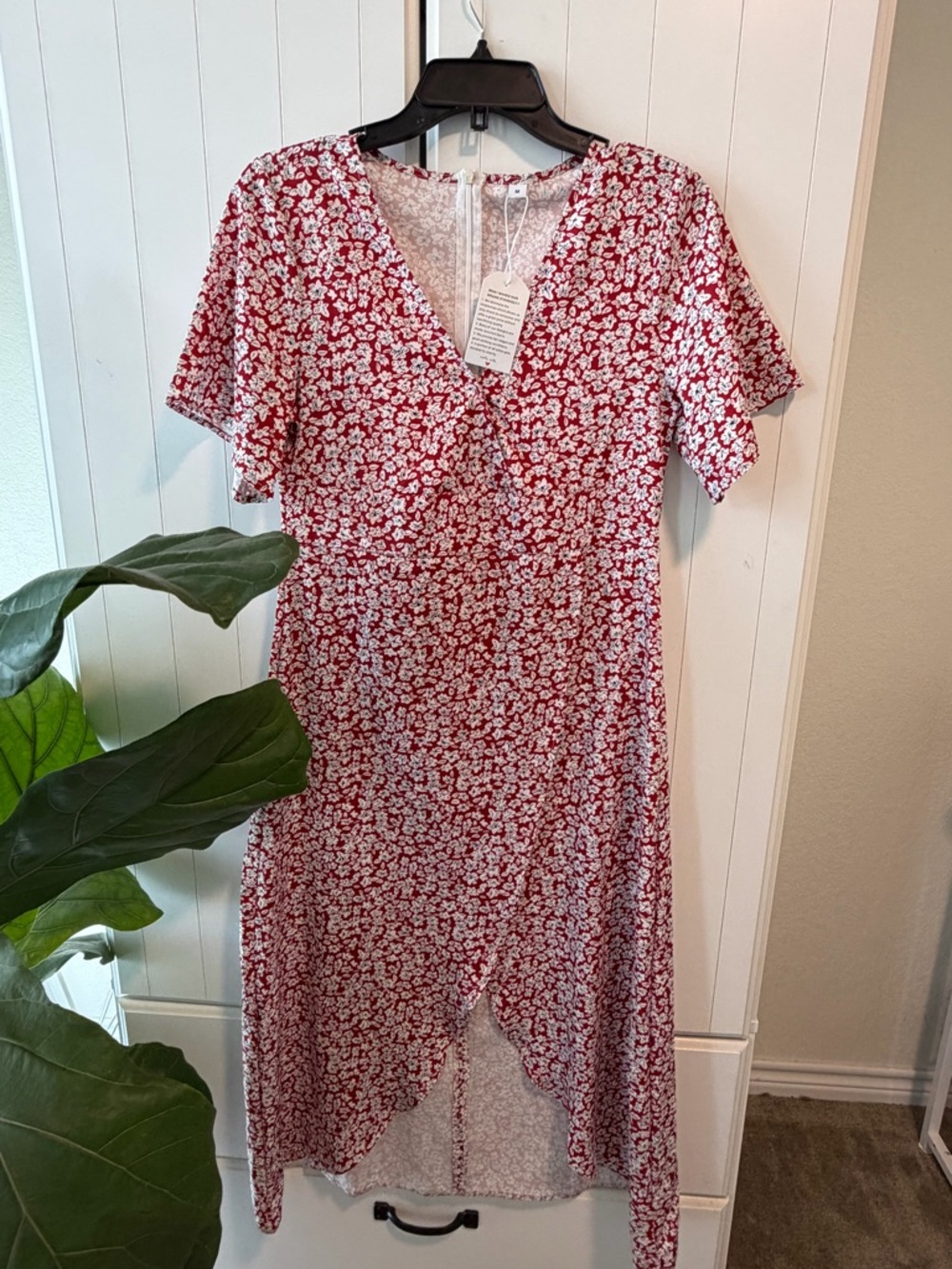 110- Women’s Red Floral Wrap Midi Dress. High Low